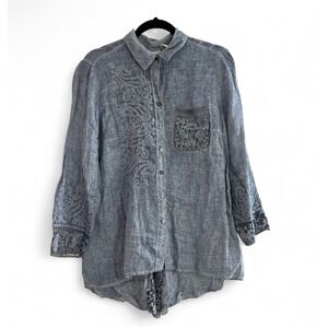 Chico's 1 Grey Floral‎ Embroidery 100% Linen StoneWashed Blouse Boho Lagenlook M